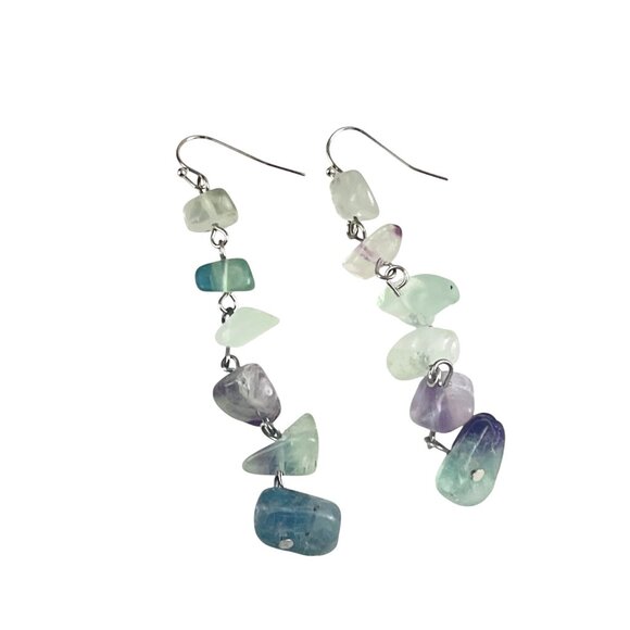 Natural Fluorite Gemstone Dangle Earrings With Silver Hook Boho Artisan Beachy - Picture 5 of 6